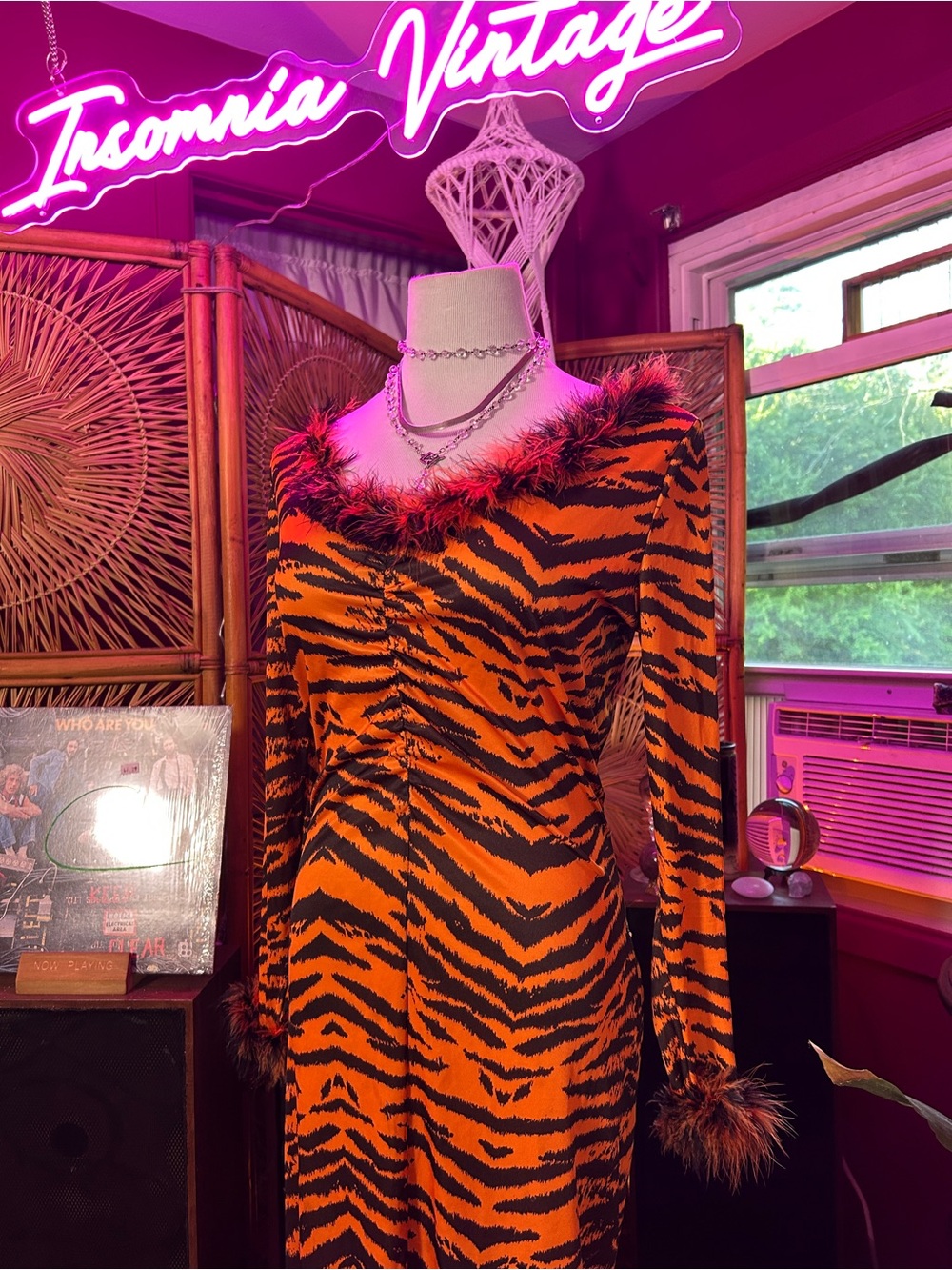 Vintage 70s Orange and Black Tiger-Stripe Midi Dress with Feather Trim - Picture 2 of 5